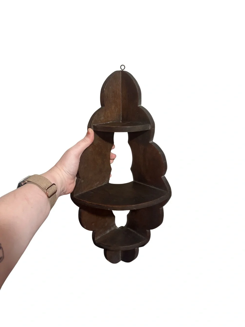 Handmade Dark Brown Corner Wall Shelf - Three-Tier Wooden Display